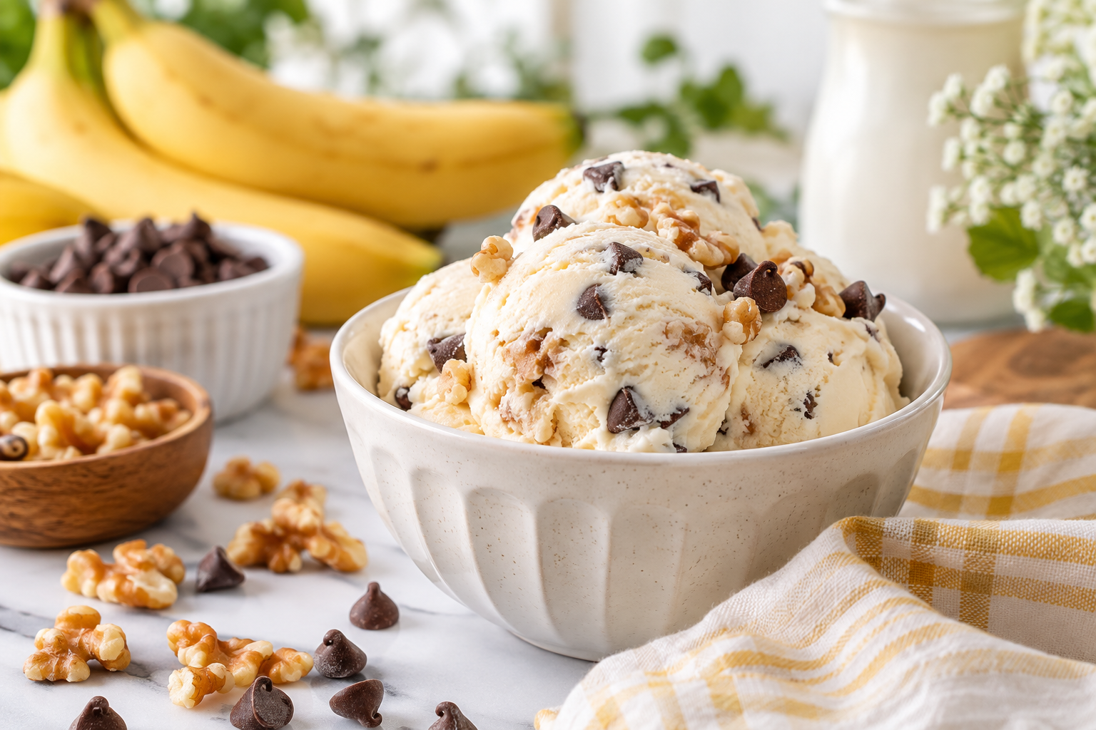 Bowl of creamy banana ice cream with chocolate chips and chopped walnuts, surrounded by bananas, extra walnuts, chocolate chips, and a kitchen towel.