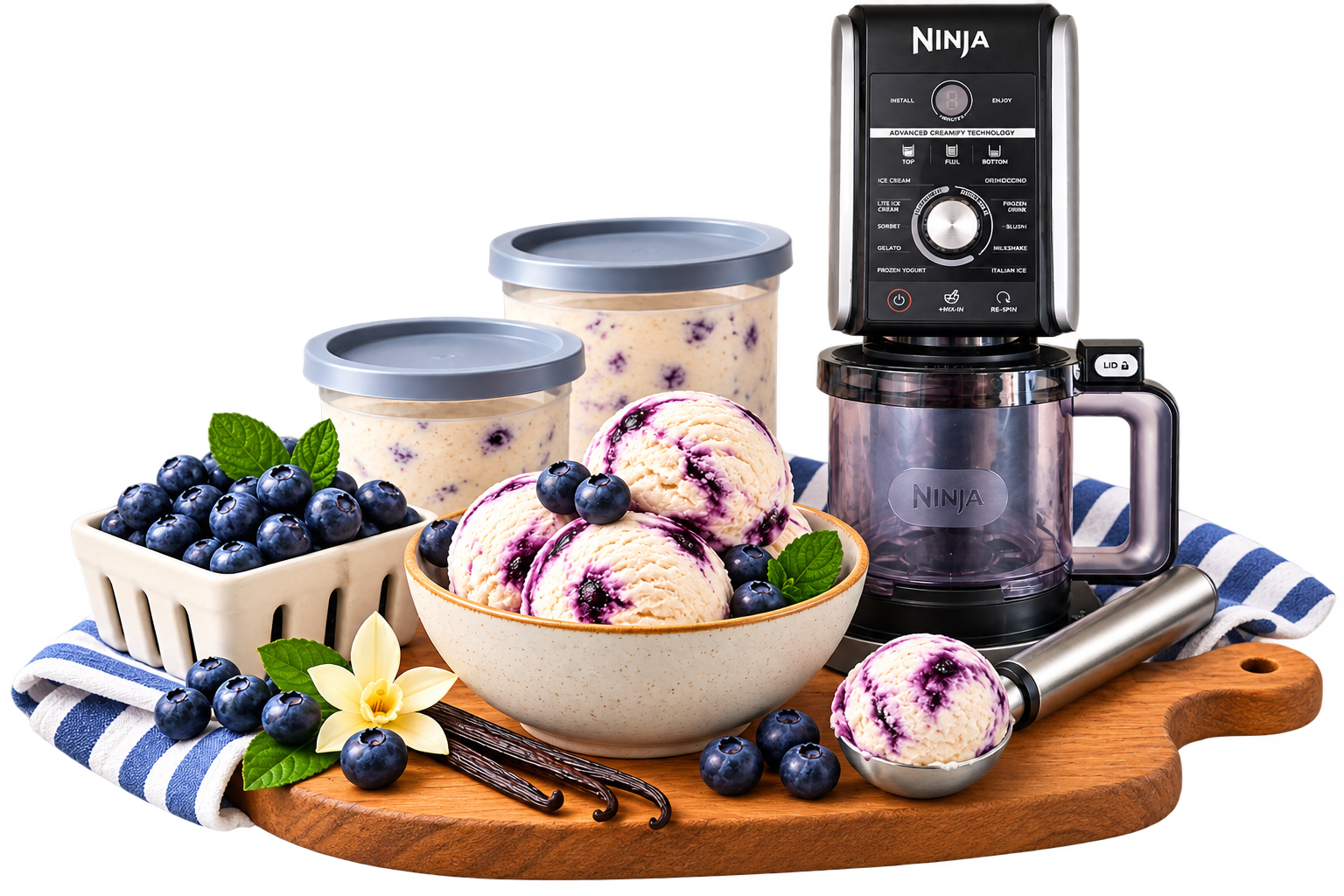 Ninja Creami machine with blueberry vanilla ice cream, fresh blueberries, and ice cream-making supplies