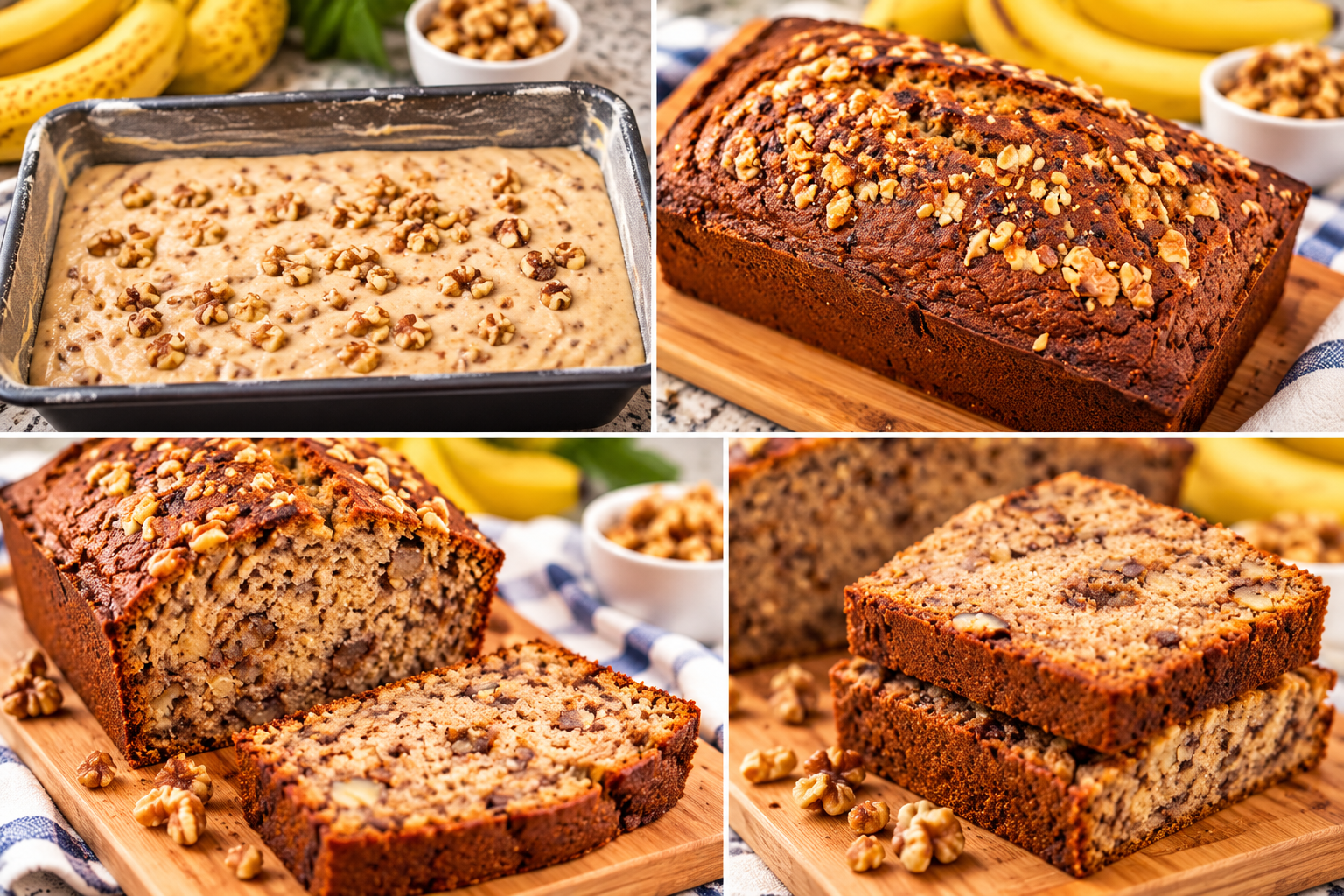 Four-panel collage showing homemade walnut banana bread from batter in the loaf pan to the baked loaf and two views of sliced banana bread with walnuts.
