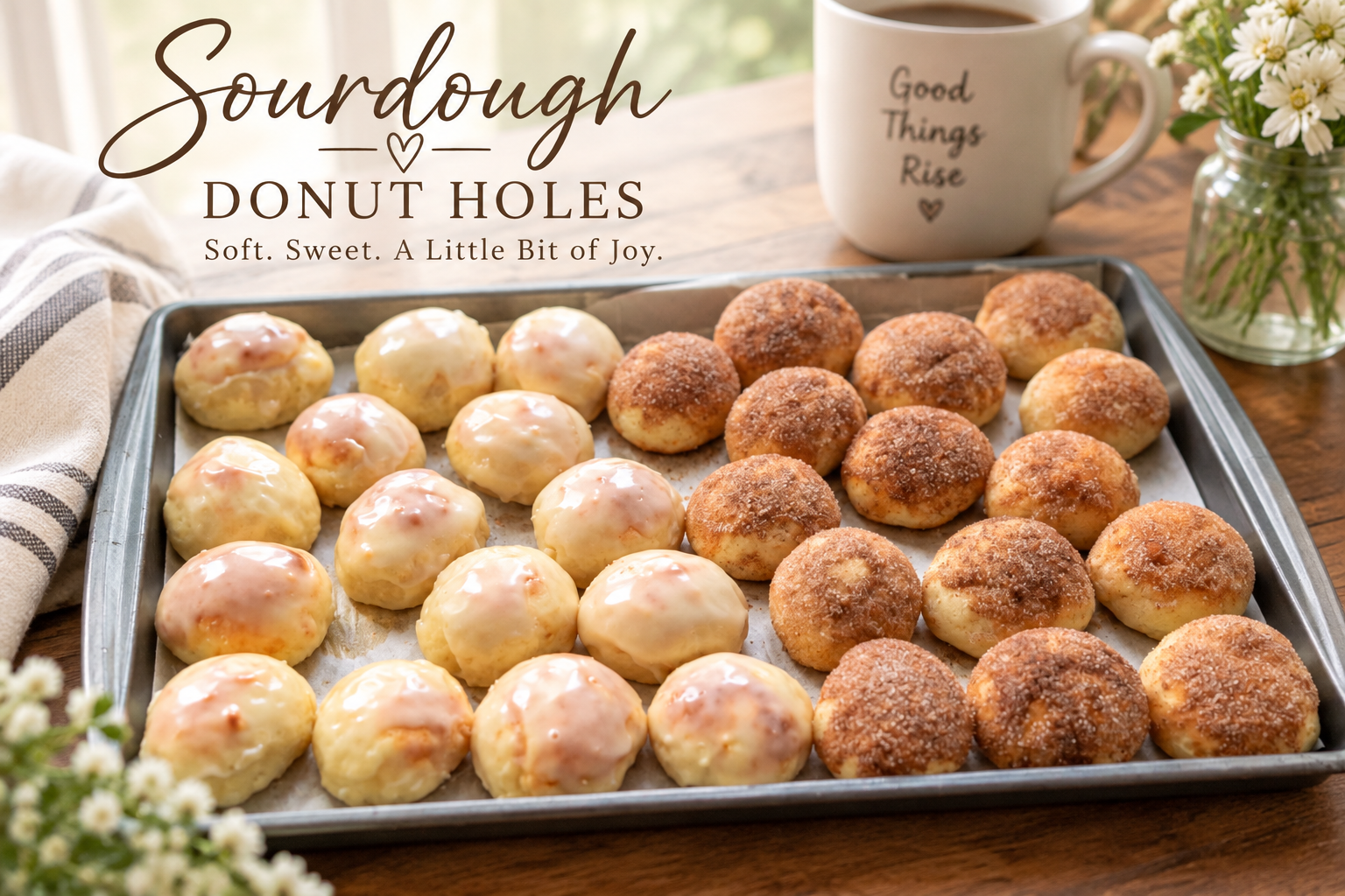 Homemade sourdough donut holes with vanilla glaze and cinnamon sugar on a baking tray