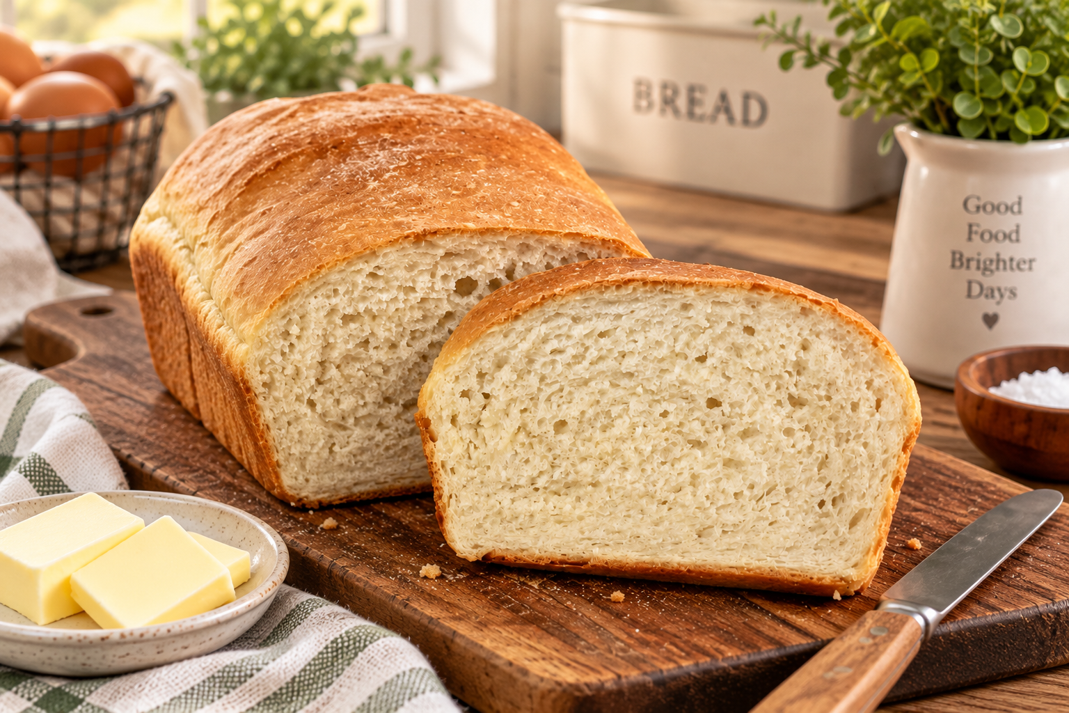 Fresh homemade white bread with a golden brown crust and soft, fluffy interior, sliced and displayed on a rustic wooden cutting board with butter in a warm farmhouse kitchen.