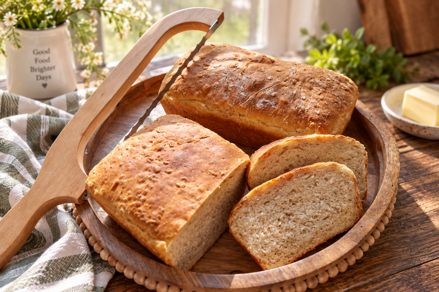 Fresh homemade bread with a golden brown crust and soft interior, sliced and arranged on a rustic wooden bread board with butter in a warm farmhouse kitchen.