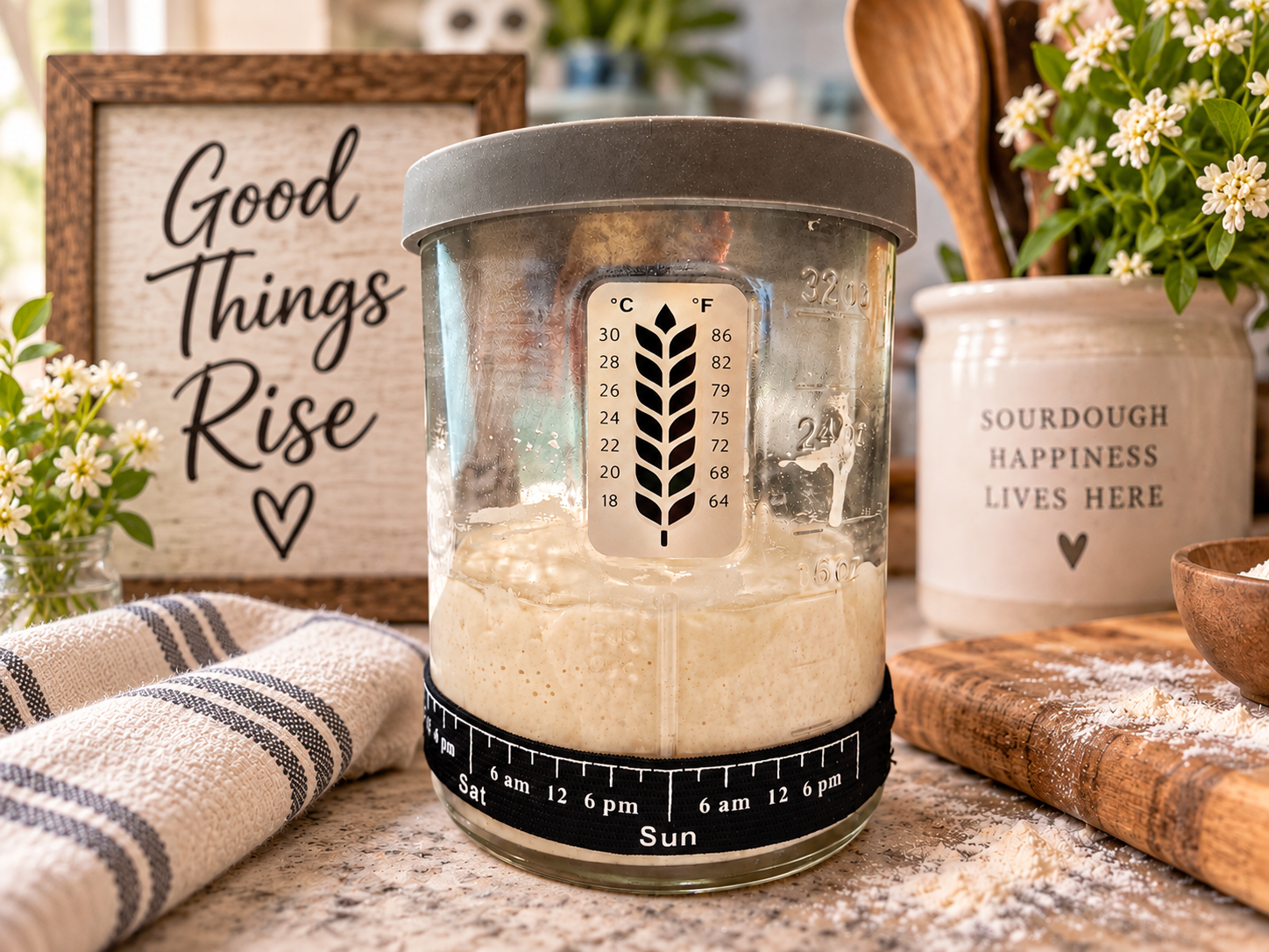 Willow, an active bubbly sourdough starter in a glass jar, sitting on a rustic kitchen counter surrounded by flour, baking tools, white flowers, and a sign that says “Good Things Rise.”