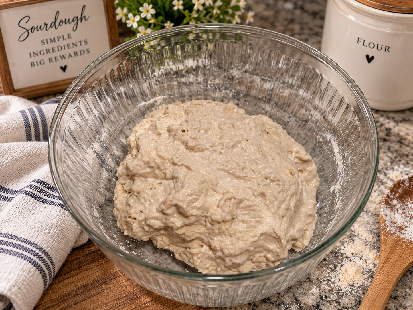 Freshly mixed shaggy sourdough dough resting in a clear glass bowl on a kitchen counter, ready for its first rest before stretching and folding.