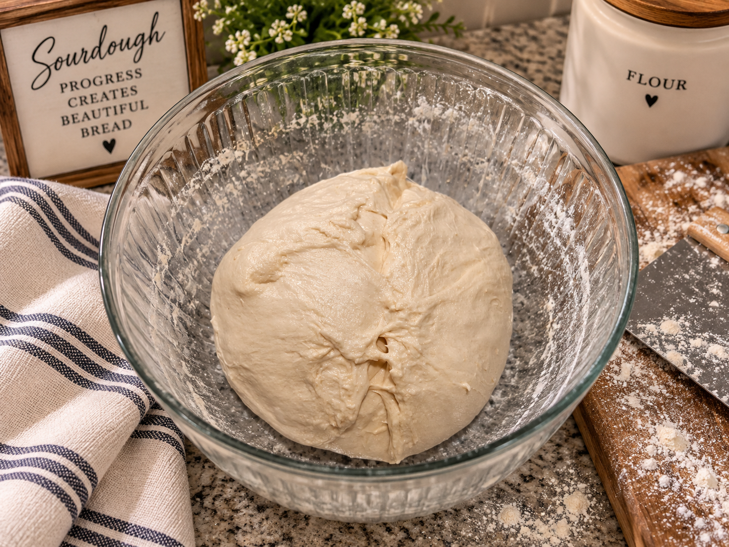 Fresh sourdough dough resting in a glass bowl during the stretch-and-fold stage, surrounded by flour, a dough scraper, and baking tools on a kitchen counter.