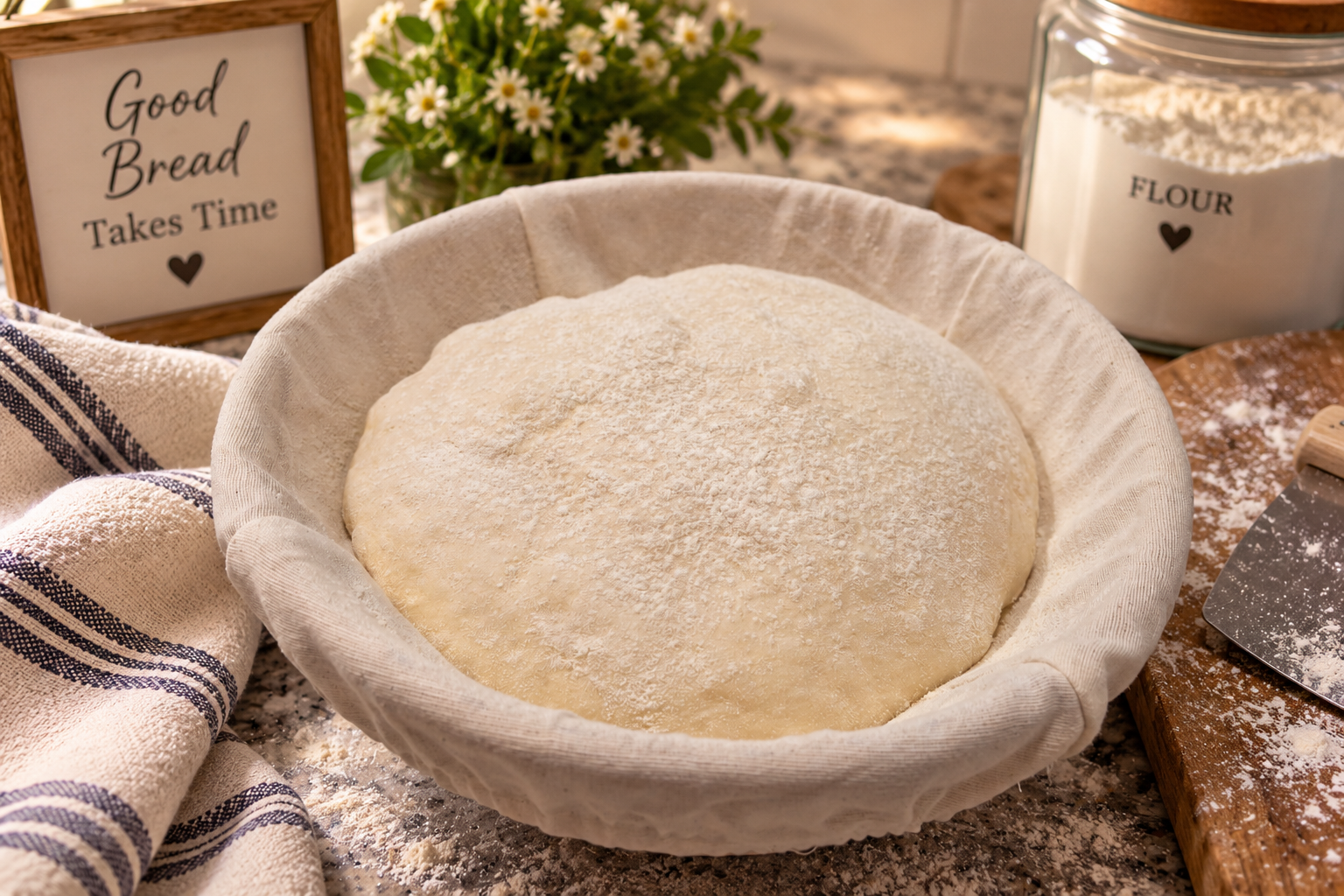 Freshly shaped sourdough dough resting in a cloth-lined banneton basket on a kitchen counter, ready for its overnight cold proof.