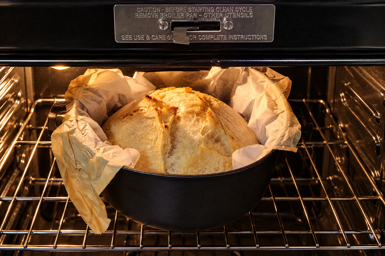 My first sourdough loaf baking in a black cast iron Dutch oven lined with parchment paper inside a clean oven.