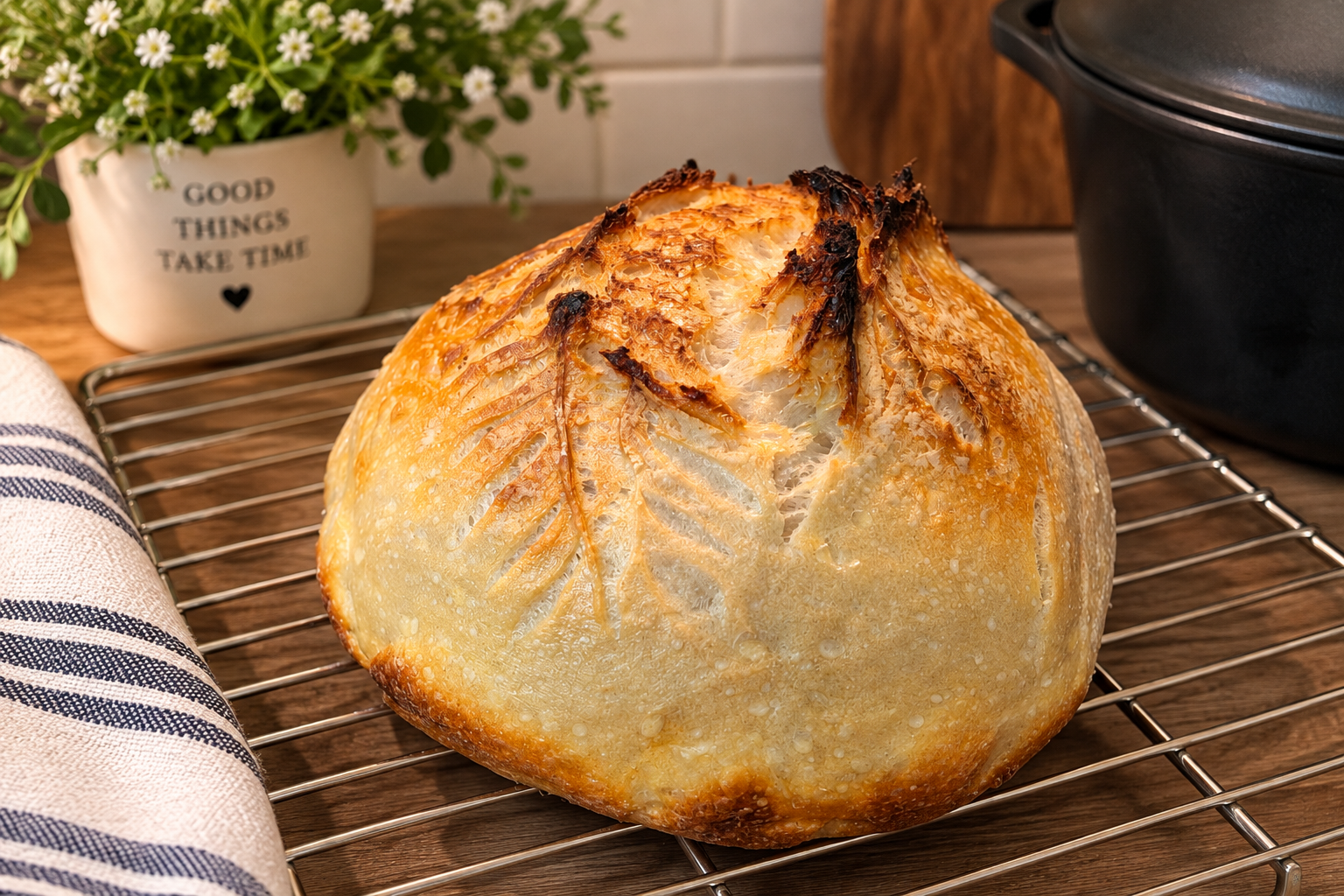 My first homemade sourdough bread cooling on a wire rack, with a golden crust, rustic scoring, and beautiful oven spring.