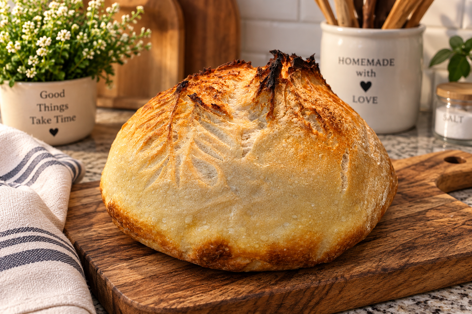 My first homemade sourdough bread resting on a rustic wooden cutting board in a warm, cozy kitchen.