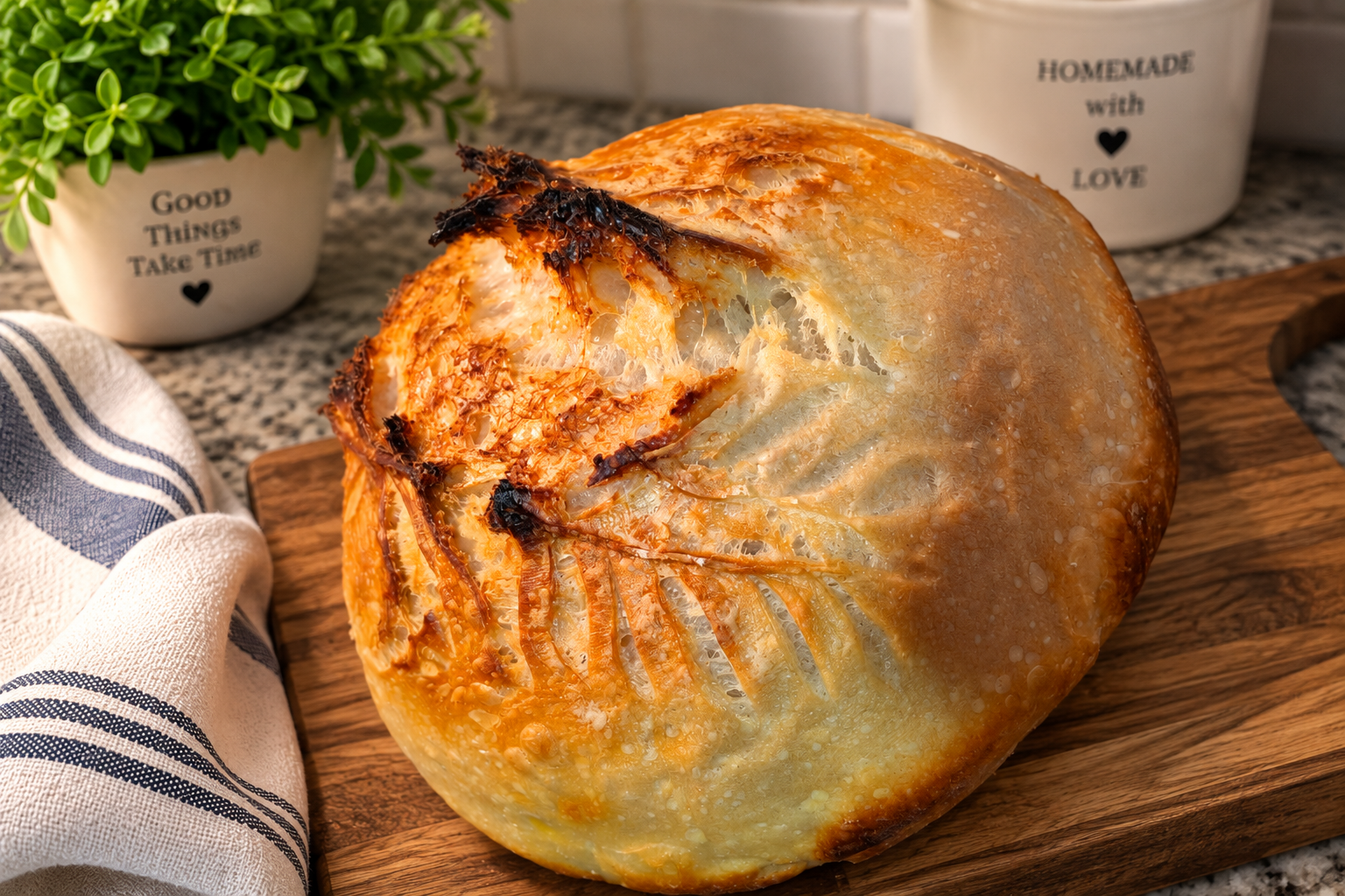 My first homemade sourdough loaf with a golden crust and decorative leaf scoring, displayed on a wooden cutting board in a warm, cozy kitchen.
