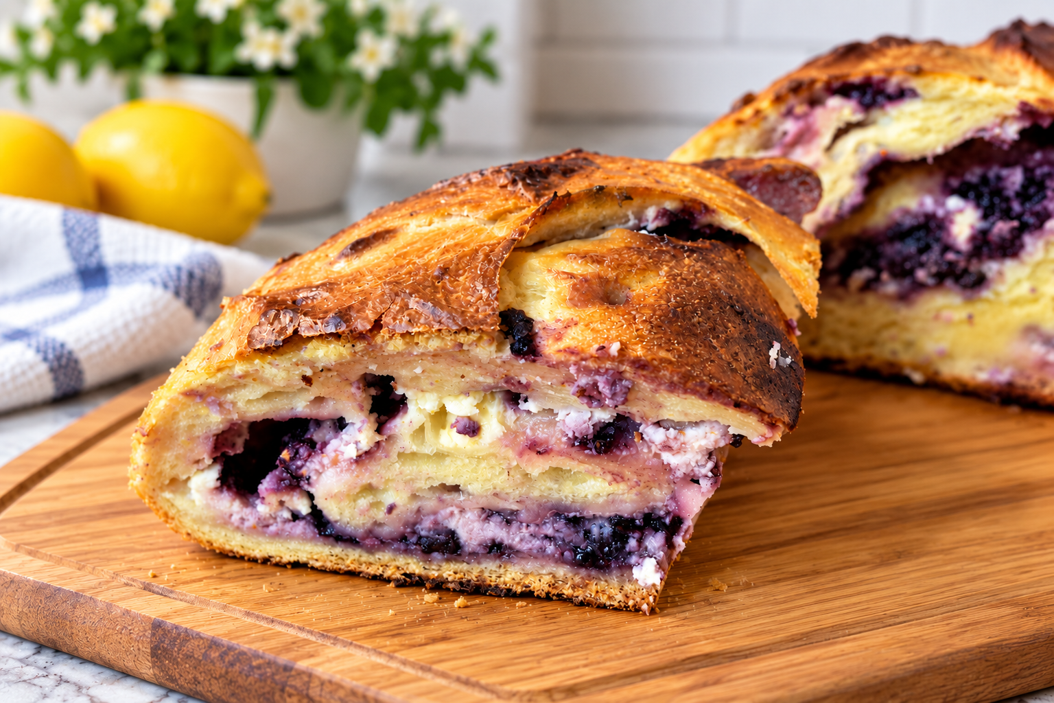 Sliced blueberry lemon cream cheese sourdough bread on a wooden cutting board, showing layers of golden bread, creamy filling, and blueberries.