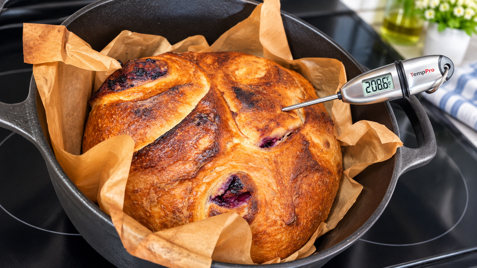 Golden blueberry lemon cream cheese sourdough bread in a parchment-lined cast-iron Dutch oven with an instant-read thermometer showing 208.6°F.