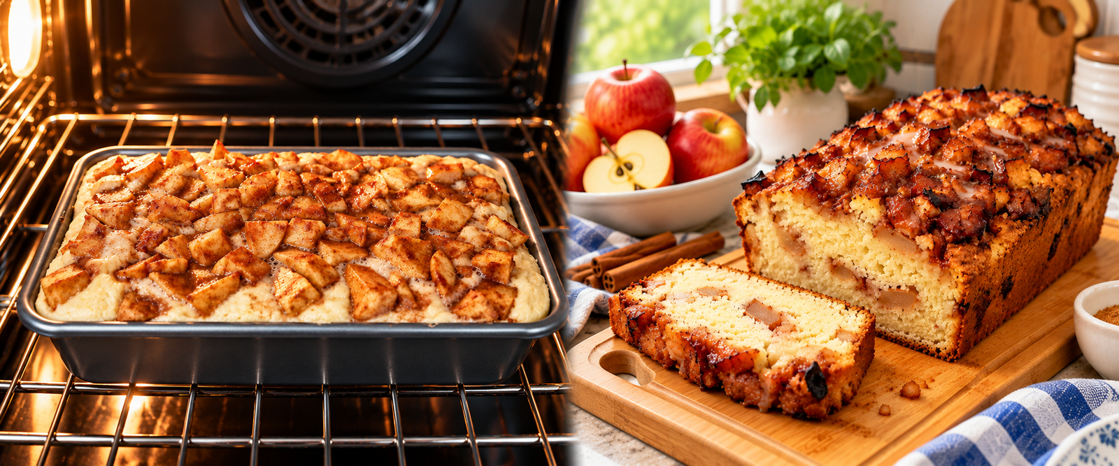 Apple loaf baking in the oven beside the finished apple loaf on a wooden cutting board, topped with caramelized cinnamon apples and glaze.