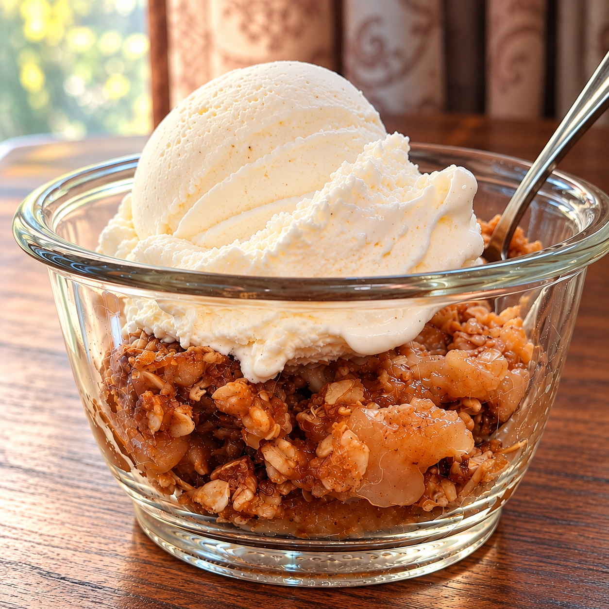Close-up photo of homemade apple crisp in a clear glass bowl, topped with vanilla ice cream and served with a clean spoon on a wooden table.
