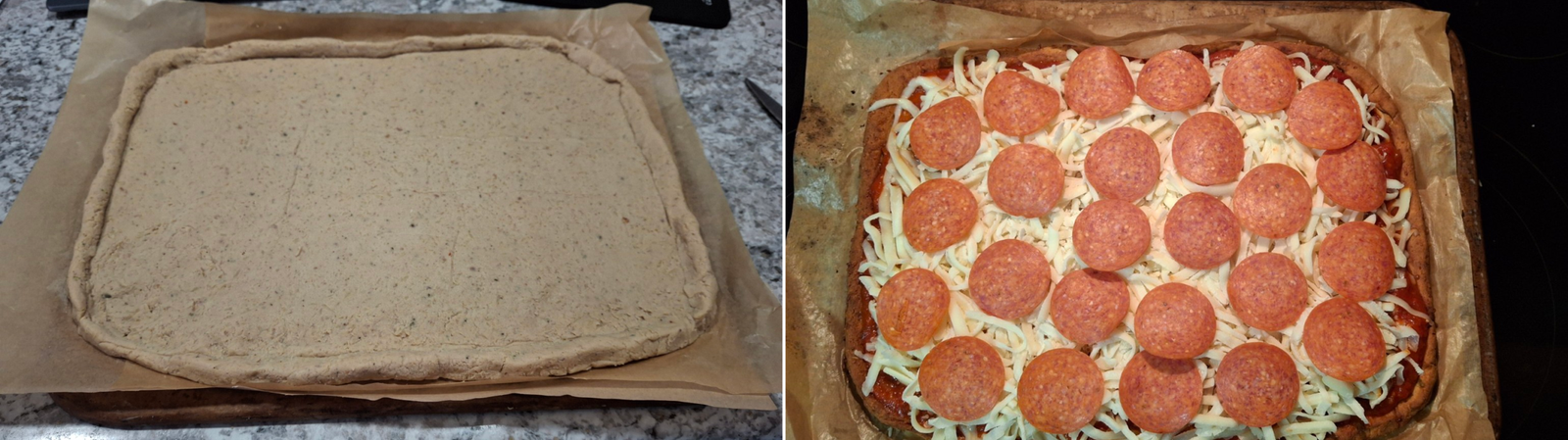 Homemade low-carb chicken crust pizza showing the rectangular chicken crust before toppings and topped with marinara sauce, shredded mozzarella and provolone cheese, and pepperoni.