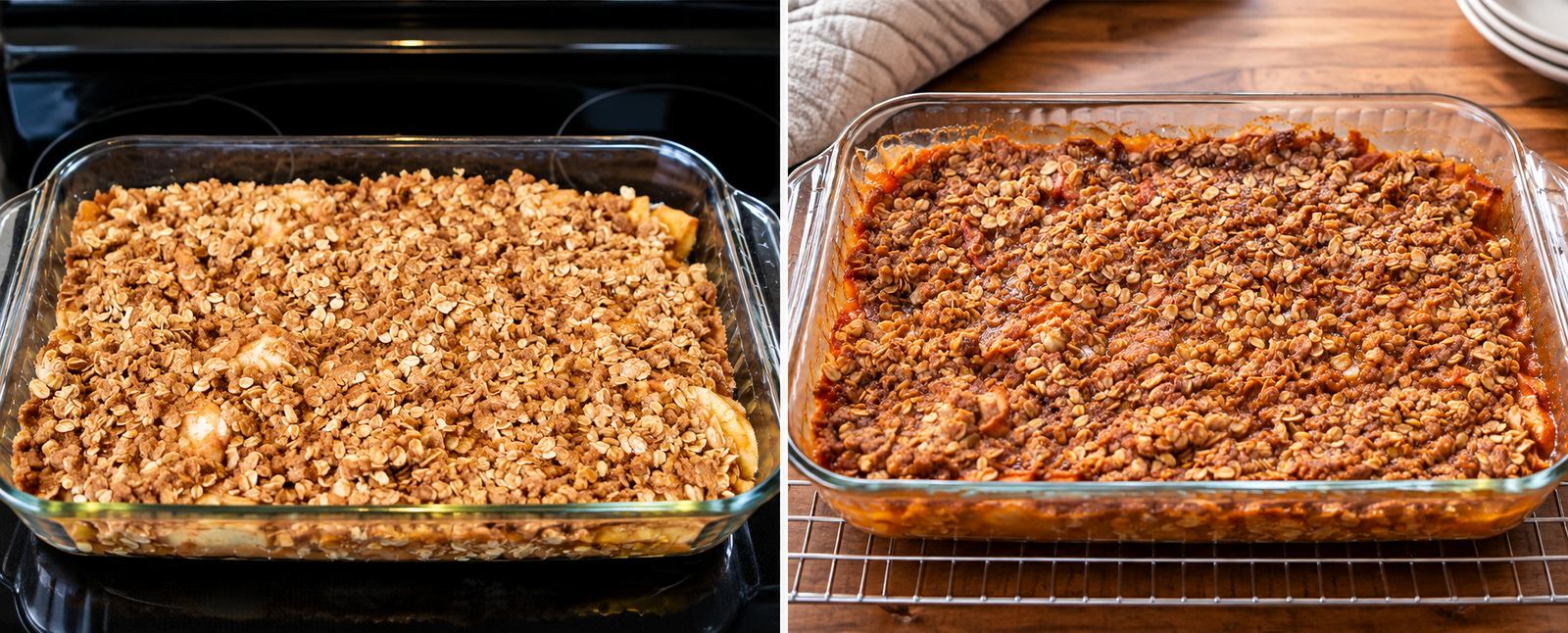 Before and after photos of mega apple crisp in a glass 9x13 baking dish, unbaked with a thick oat topping on the left and golden brown and bubbly on the right.