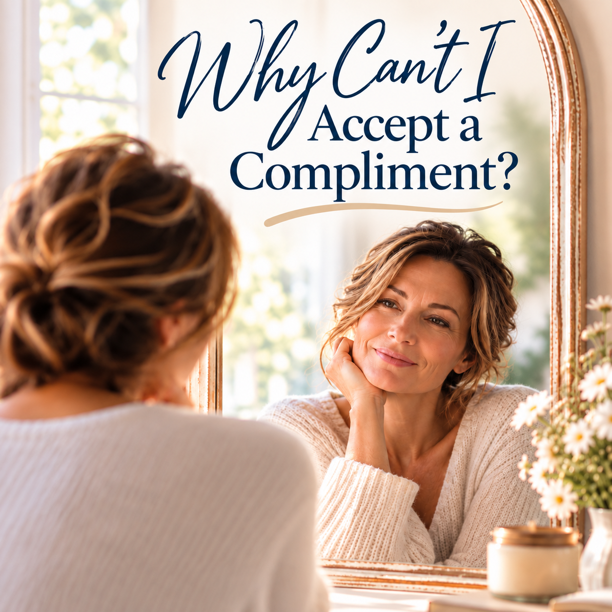 Woman smiling at her reflection in a mirror beside a vase of white flowers, with the headline "Why Can't I Accept a Compliment?"